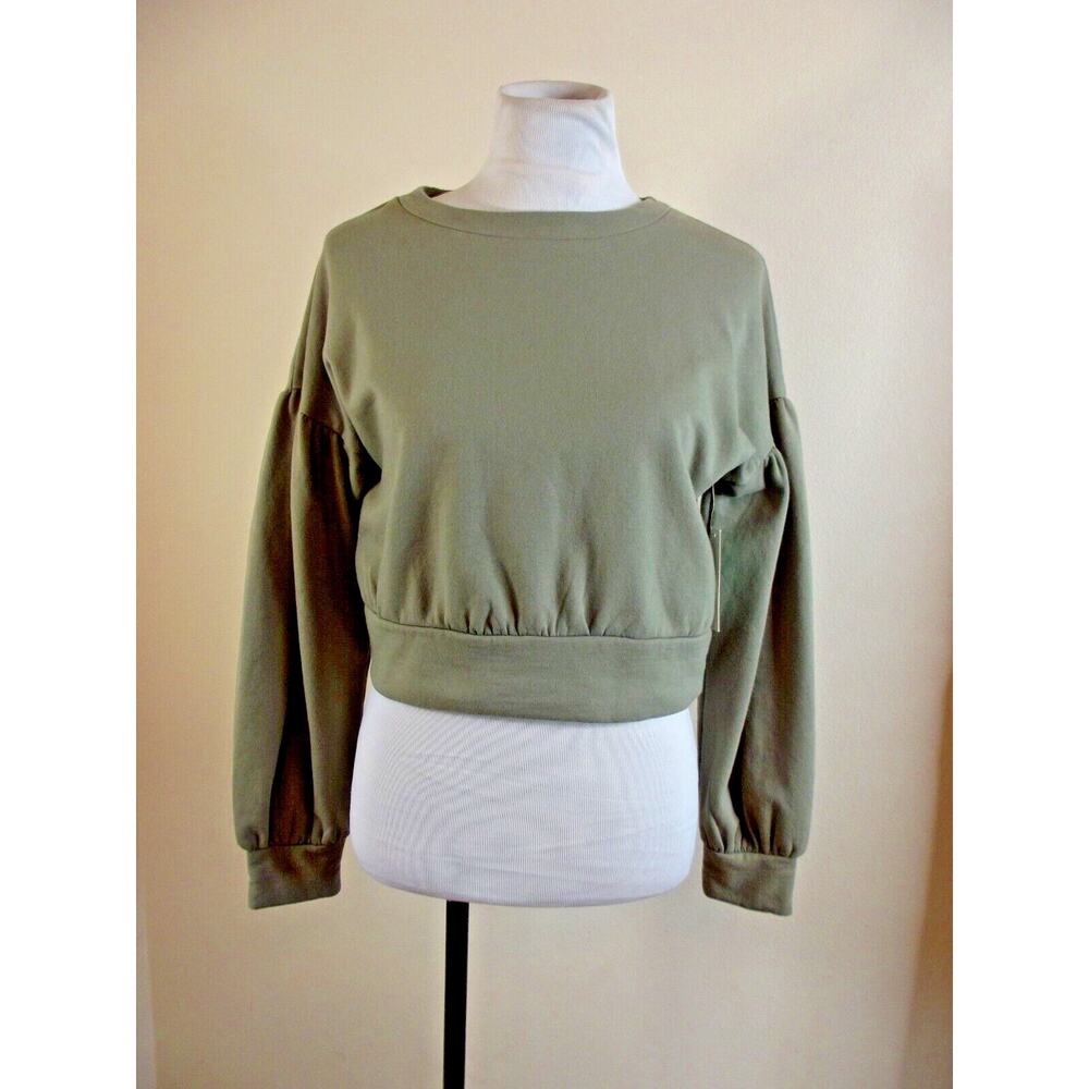 Abound Womens Olive SWEATSHIRT Green Puff Sleeve Cropped Pullover Size XXS NWT